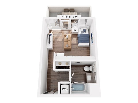 Floor plan for studio, 1 bath, 381 sqft